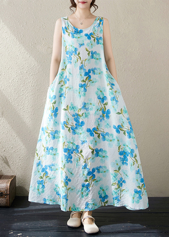 Blue Pockets Cotton Long Dresses O Neck Summer