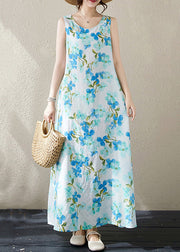 Blue Pockets Cotton Long Dresses O Neck Summer