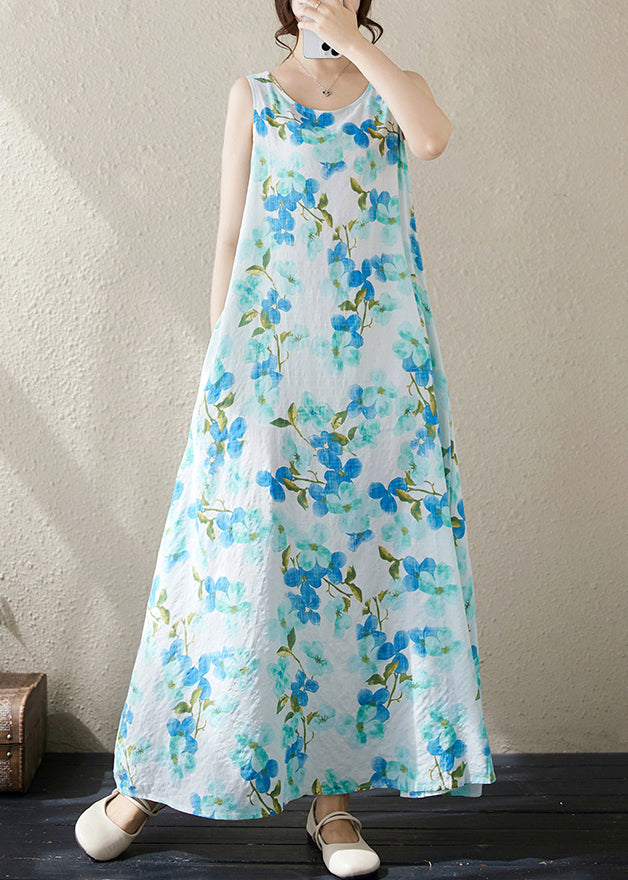 Blue Pockets Cotton Long Dresses O Neck Summer