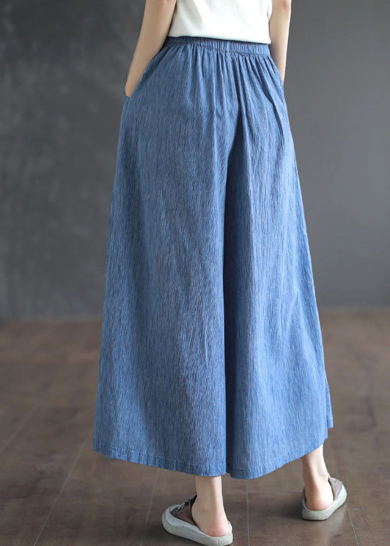 Blue Pockets Cotton Wide Leg Pants