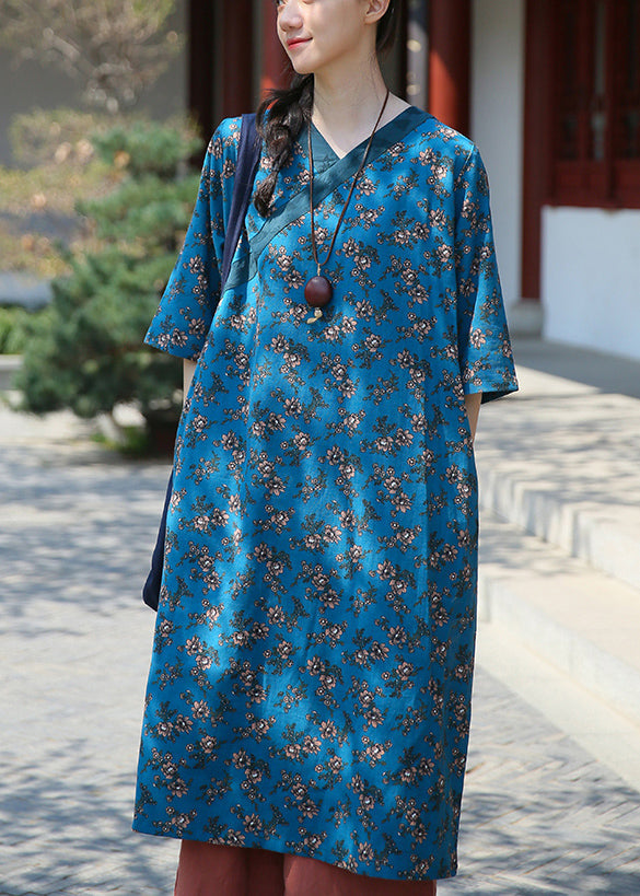 Blue Pockets Patchwork Cotton Dress V Neck Summer