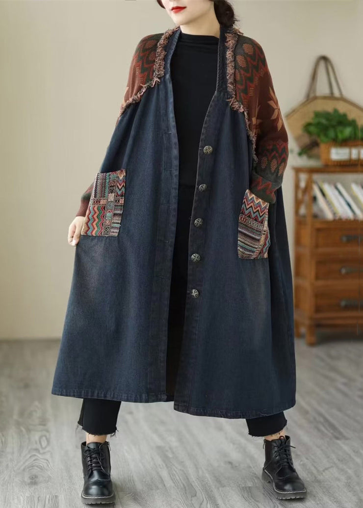 Blue Pockets Patchwork Denim Long Coats V Neck Fall