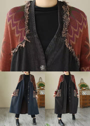 Blue Pockets Patchwork Denim Long Coats V Neck Fall