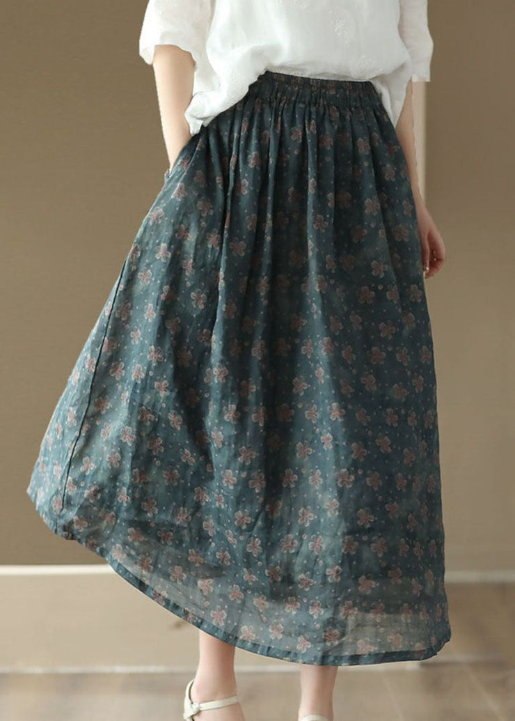 Blue Pockets Print Patchwork Linen Skirts Wrinkled Summer