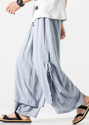 Blue Pockets Side Open Cotton Men Wide Leg Pants Elastic Waist