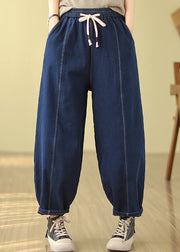 Blue Pockets Warm Fleece Denim Harem Pants Elastic Waist Winter