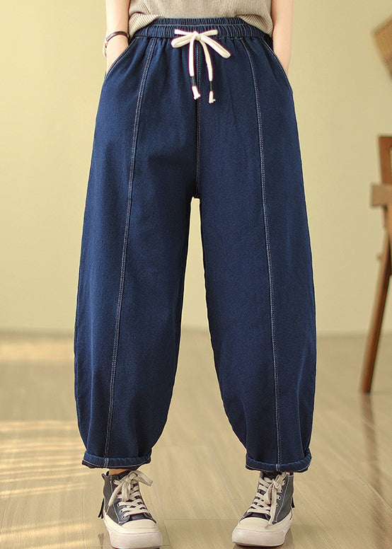 Blue Pockets Warm Fleece Denim Harem Pants Elastic Waist Winter