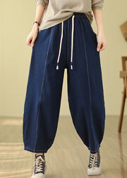 Blue Pockets Warm Fleece Denim Harem Pants Elastic Waist Winter