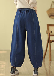 Blue Pockets Warm Fleece Denim Harem Pants Elastic Waist Winter