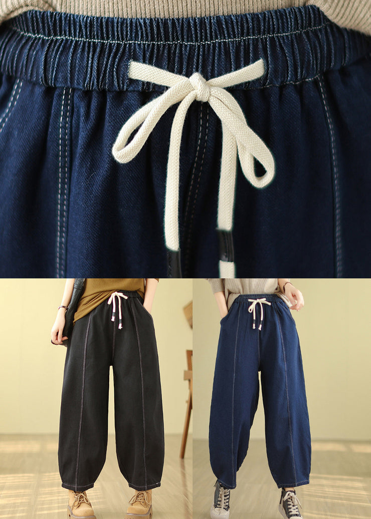 Blue Pockets Warm Fleece Denim Harem Pants Elastic Waist Winter