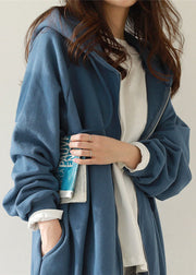 Blue Pockets Zippered Warm Fleece Coats Hooded Spring