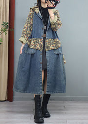 Blue Print Button Patchwork Denim Coat Asymmetrical Long Sleeve