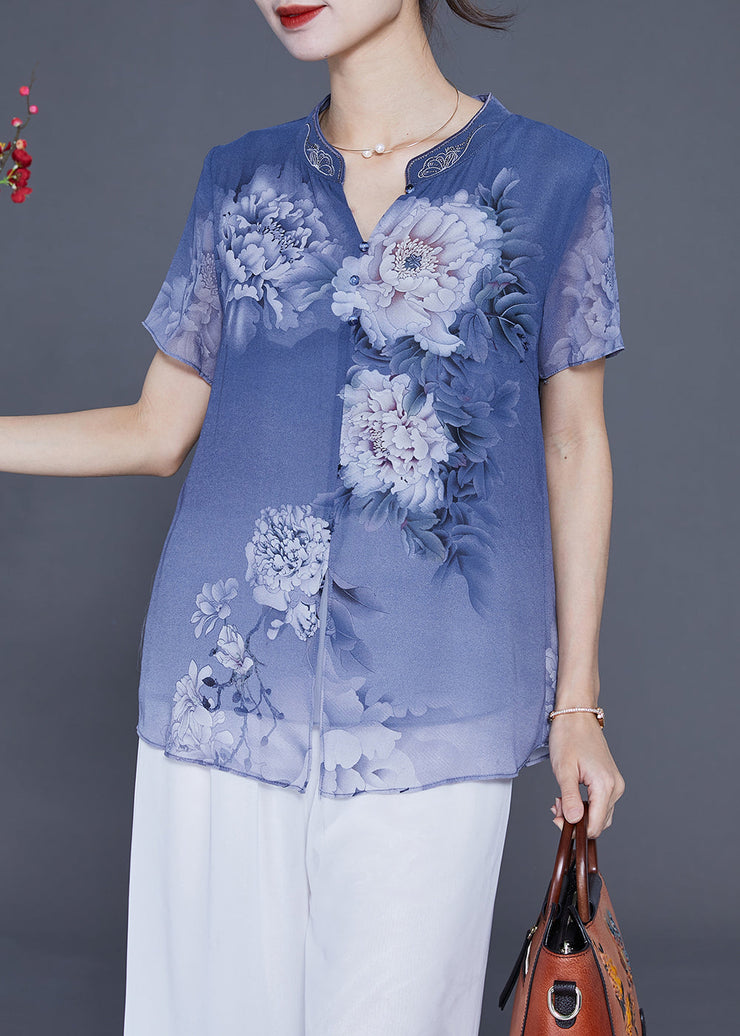 Blue Print Chiffon Blouse Tops V Neck Side Open Summer