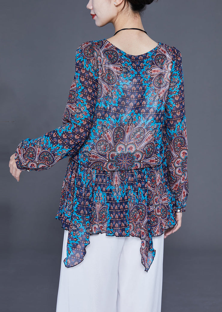 Blue Print Chiffon Shirt Tops Asymmetrical Hem Spring