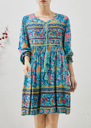 Blue Print Cotton Holiday Dress Tasseled Fall