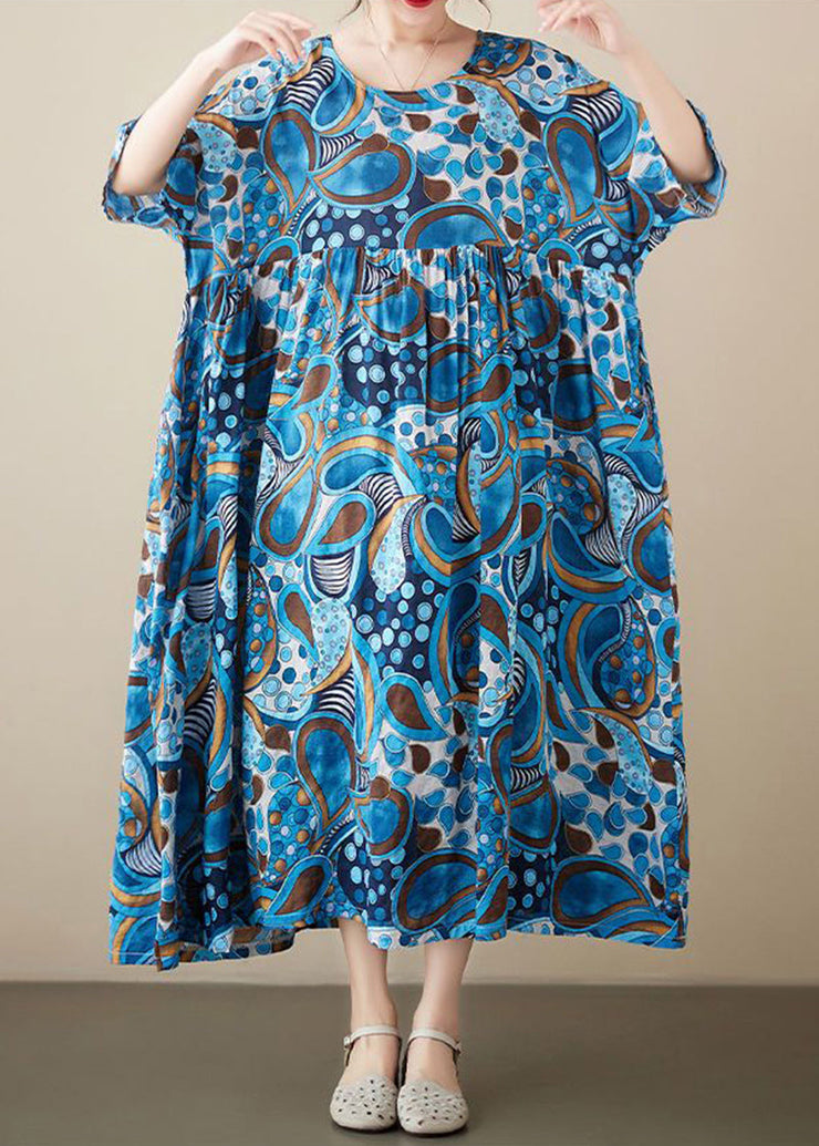 Blue Print Cotton Vacation Dress Oversized Exra Large Hem Summer