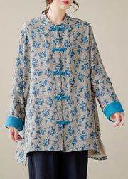 Blue Print Fine Cotton Filled Oriental Coat Chinese Button Winter