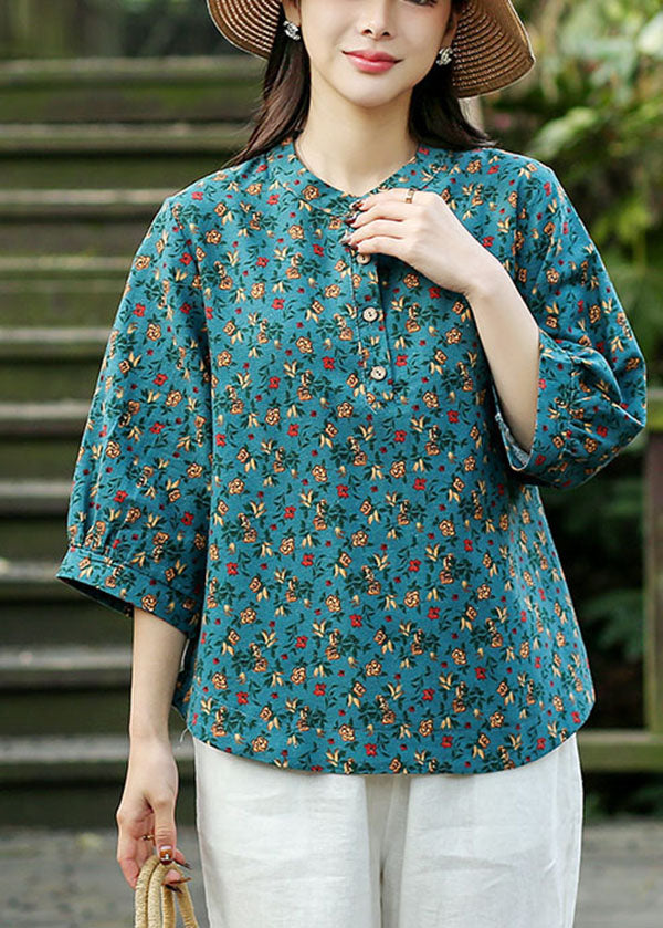 Blue Print Linen Loose Shirts For Women O-Neck Button Bracelet Sleeve