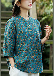 Blue Print Linen Loose Shirts For Women O-Neck Button Bracelet Sleeve