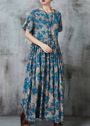 Blue Print Linen Vacation Dresses Cinched Summer