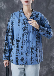 Blue Print Loose Cotton Blouses Chinese Button Spring