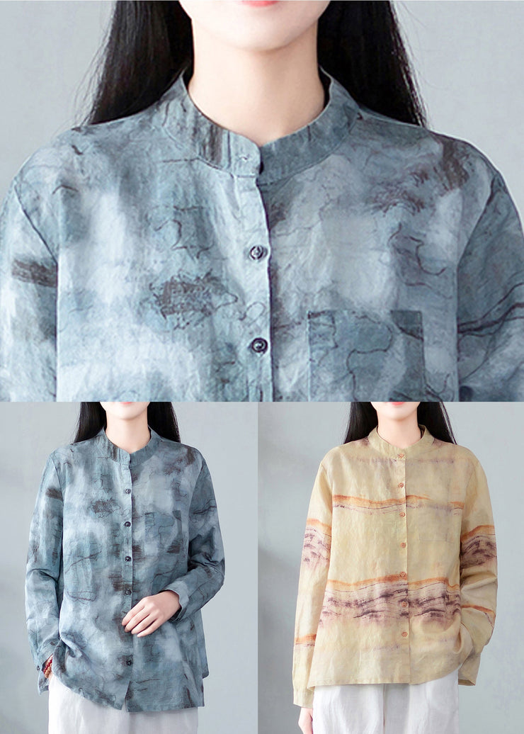 Blue Print Pockets Linen Blouses Stand Collar Spring