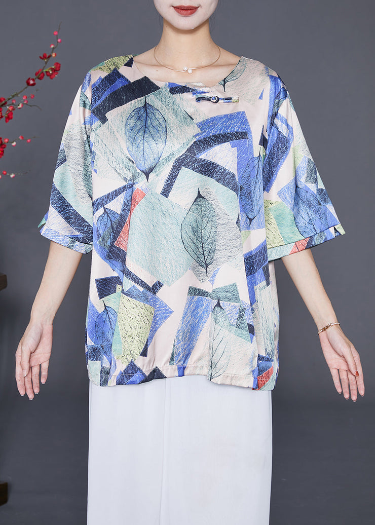 Blue Print Silk Shirt Tops Oversized Chinese Button Summer