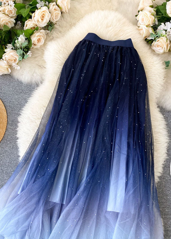 Blue Sequins Tulle Skirt Wrinkled Elastic Waist Summer