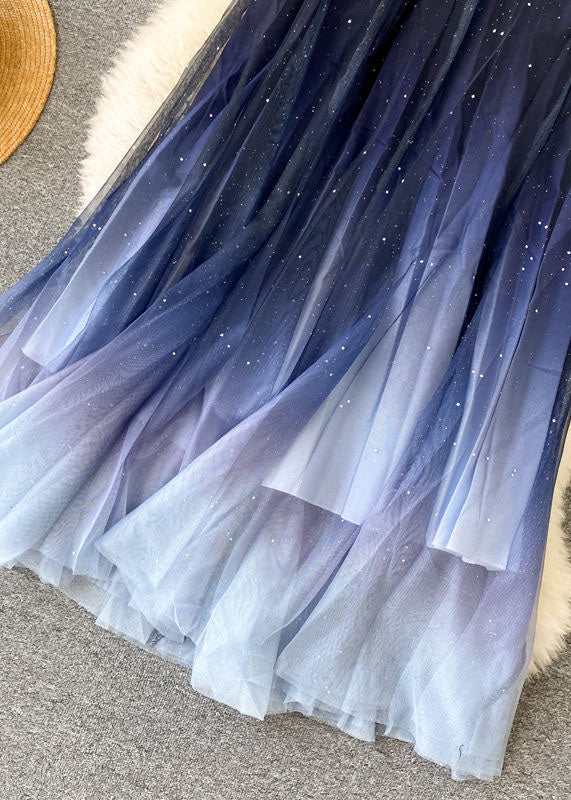 Blue Sequins Tulle Skirt Wrinkled Elastic Waist Summer