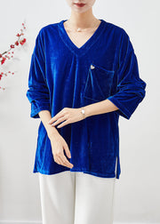 Blue Silk Velour Shirt Tops V Neck Pocket Fall