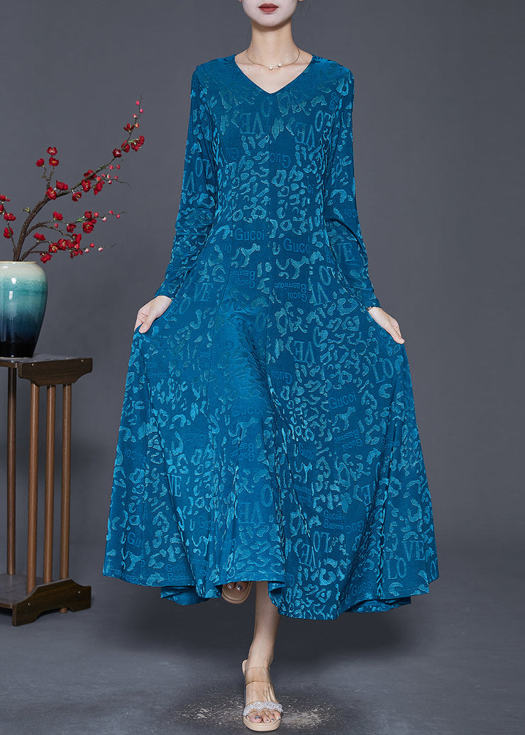 Blue Silm Fit Silk Velour Robe Dresses Jacquard Spring