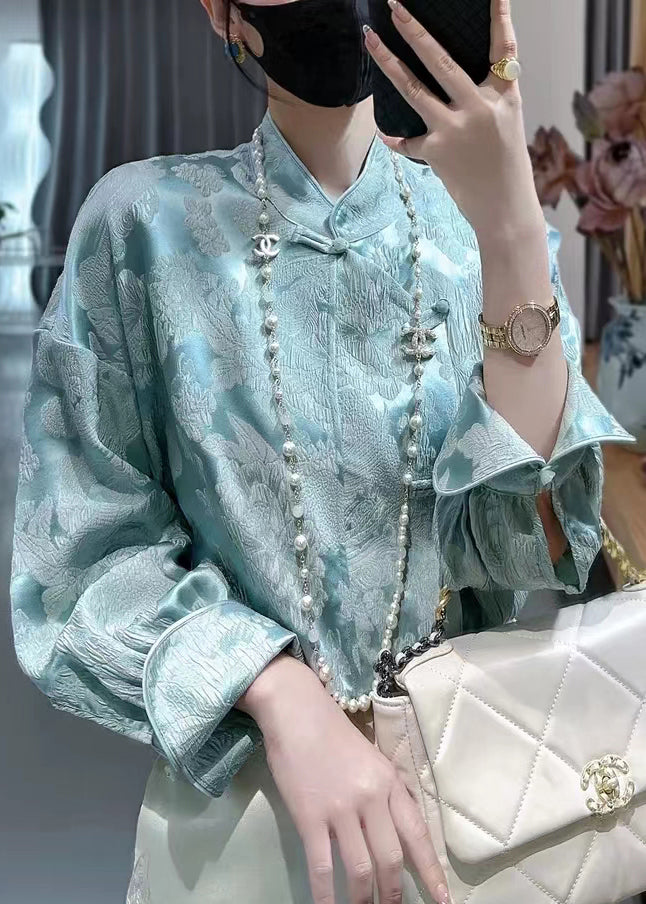 Blue Sky Blue Print Silk Shirt Stand Collar Long Sleeve