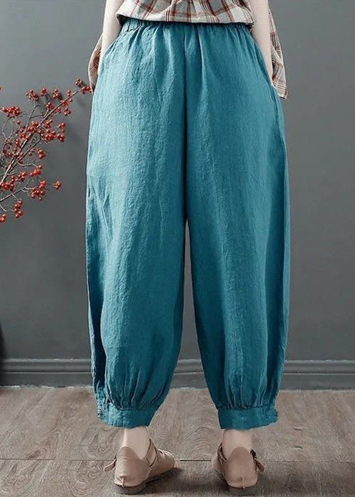 Blue Solid Loose Cotton Crop Pants High Waist Summer