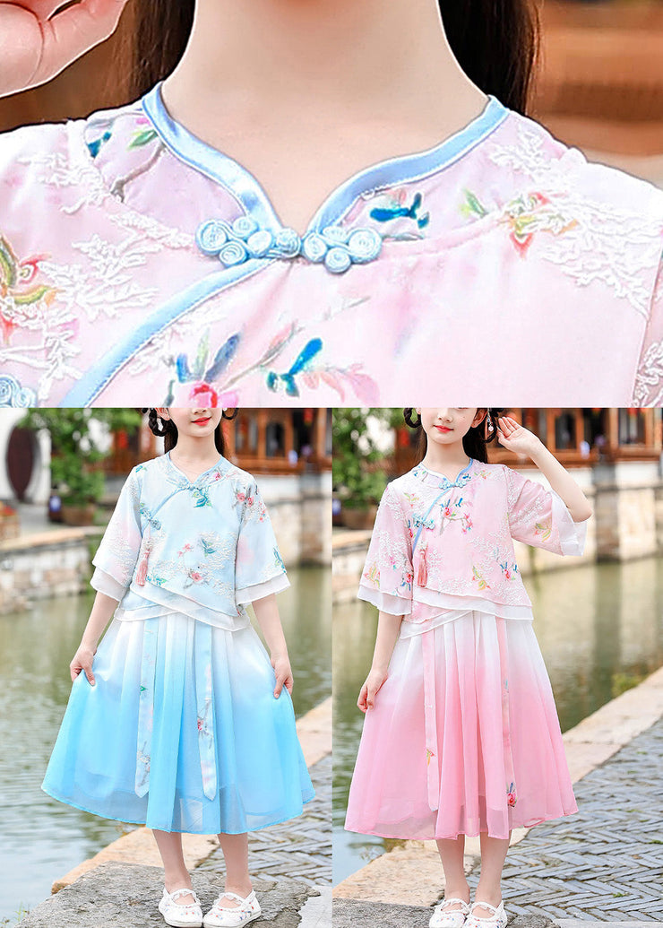 Blue Stand Collar Button Chiffon Kids Vacation Dresses Summer