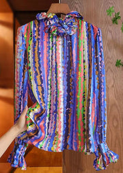 Blue Striped Print Silk Blouses Ruffled Flare Sleeve