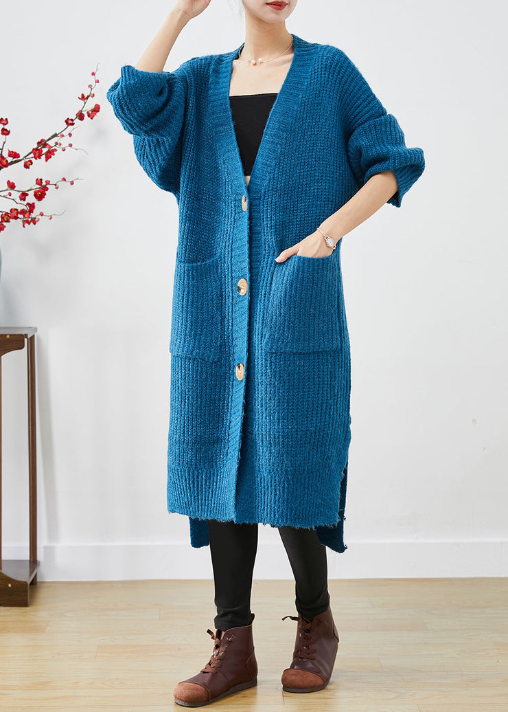 Blue Thick Knit Loose Coat Oversized Pockets Fall