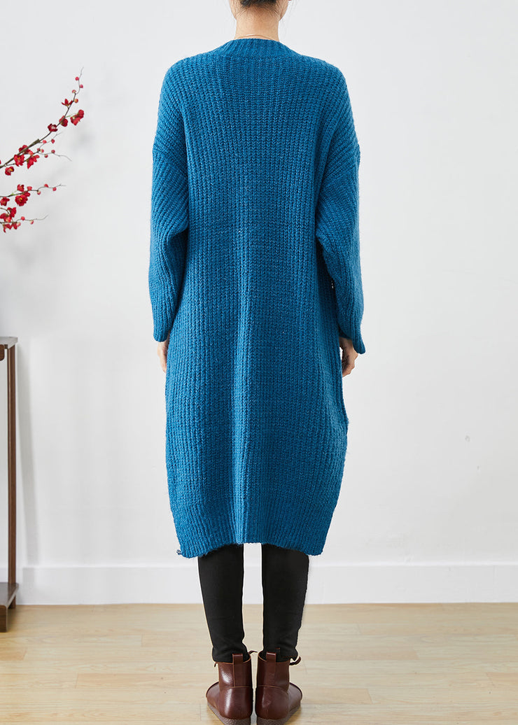 Blue Thick Knit Loose Coat Oversized Pockets Fall