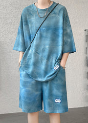 Blue Tie Dye Cotton Men Two Pieces Set O Neck Summer