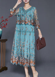 Blue Tulle Holiday Dresses Embroideried Tie Waist Bracelet Sleeve