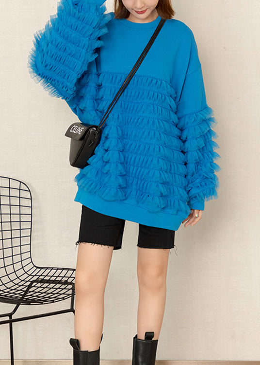 Blue Tulle Patchwork Cotton Top O Neck Long Sleeve