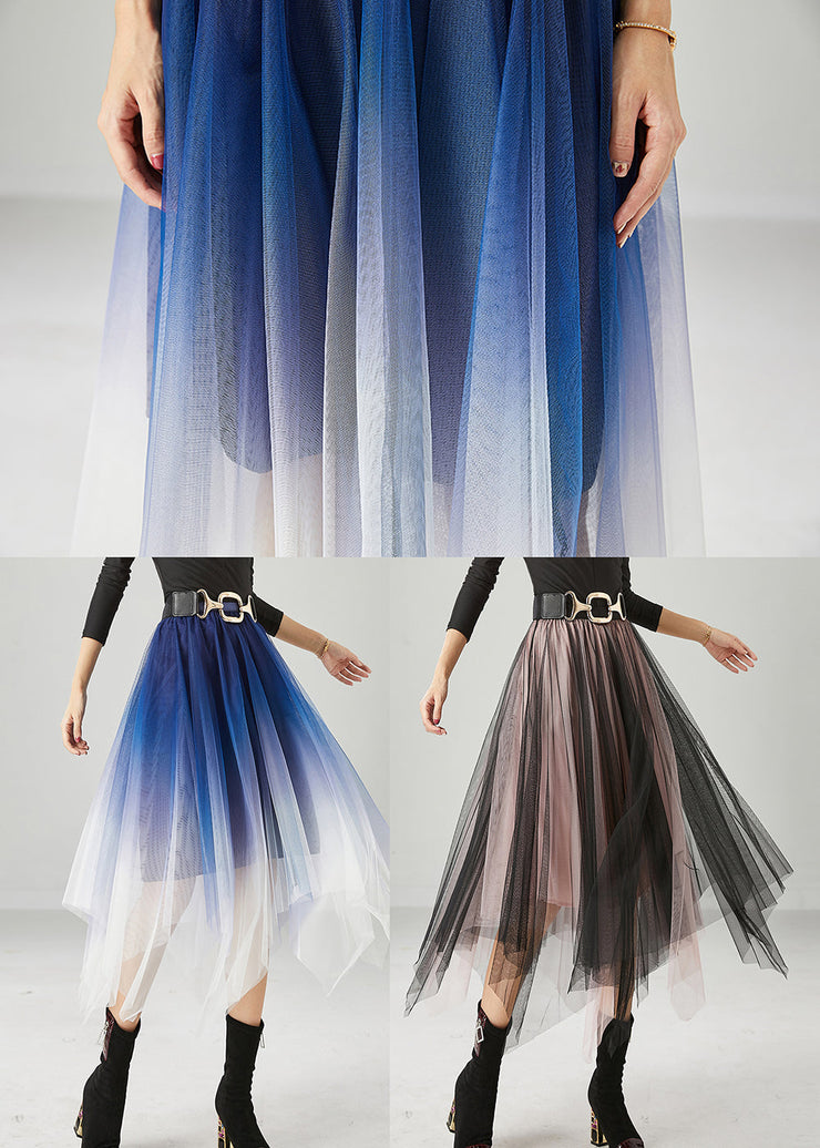 Blue Tulle Vacation Skirts Asymmetrical Gradient Color Summer