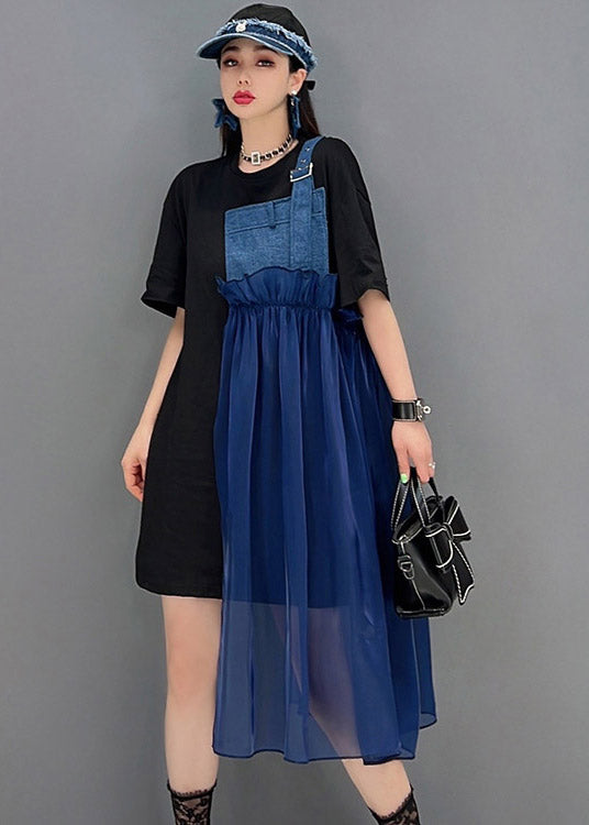 Blue asymmetrical Denim Tulle Patchwork Dresses Short Sleeve