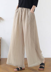 Bohemian Apricot Embroideried Pockets Linen Wide Leg Pants Fall