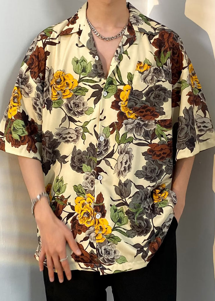 Bohemian Apricot Print Button Cotton Men Shirt Summer