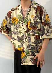 Bohemian Apricot Print Button Cotton Men Shirt Summer