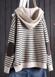 Bohemian Apricot Striped Patchwork Drawstring Hooded Knitted Cotton Thread Sweaters Fall