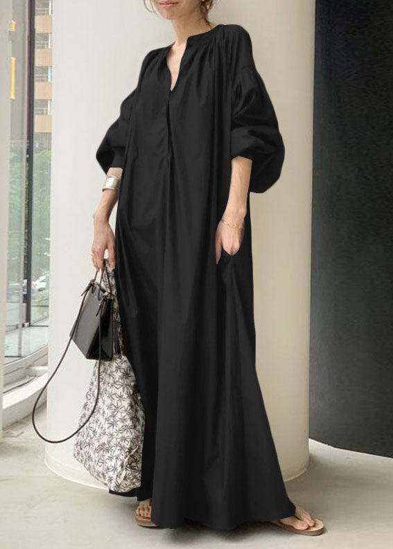 Bohemian Apricot V Neck Oversized Long Dresses Lantern Sleeve