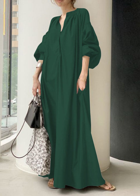 Bohemian Apricot V Neck Oversized Long Dresses Lantern Sleeve