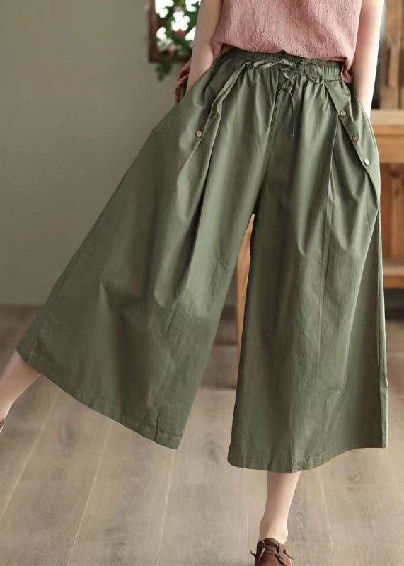 Bohemian Army Green Pockets Patchwork Cotton Crop Pants Summer