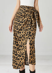 Bohemian Asymmetrical Leopard Print Side Open Cotton Skirt Fall